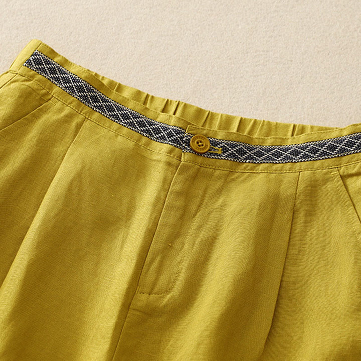 Buddha Stones Solid Color Front Button Back Elastic Cotton Linen Women's Pants With Pockets - image 11