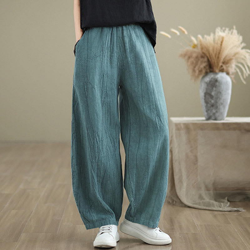 Buddha Stones Plain Color Wrinkled Design Elastic Waistband Cotton Linen Women's Pants With Pockets