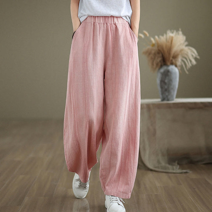 Buddha Stones Plain Color Wrinkled Design Elastic Waistband Cotton Linen Women's Pants With Pockets