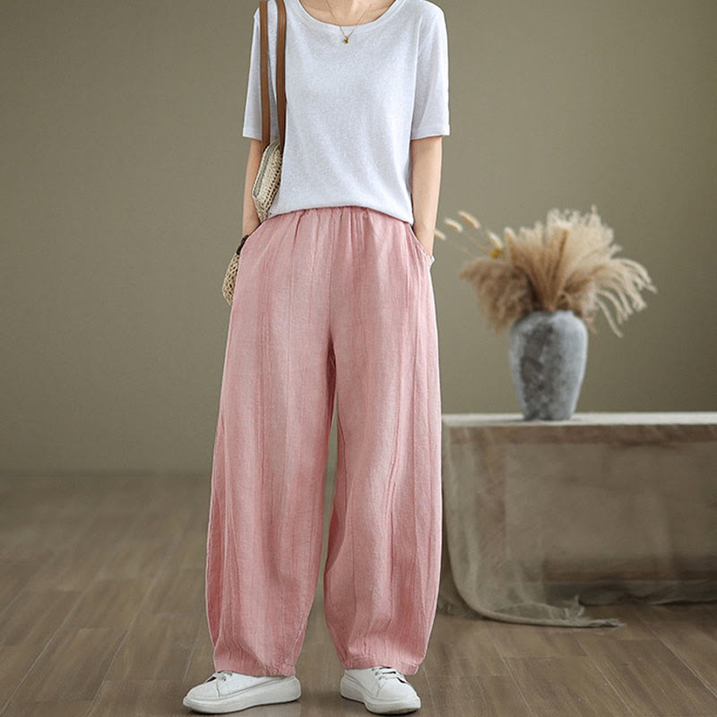 Buddha Stones Plain Color Wrinkled Design Elastic Waistband Cotton Linen Women's Pants With Pockets