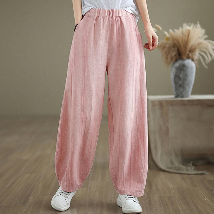 Buddha Stones Plain Color Wrinkled Design Elastic Waistband Cotton Linen Women's Pants With Pockets - image 23