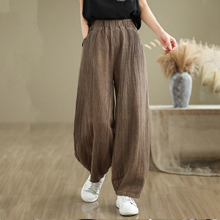 Buddha Stones Plain Color Wrinkled Design Elastic Waistband Cotton Linen Women's Pants With Pockets