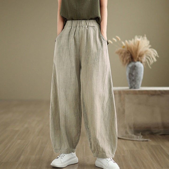 Buddha Stones Plain Color Wrinkled Design Elastic Waistband Cotton Linen Women's Pants With Pockets - image 7