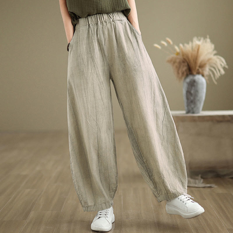 Buddha Stones Plain Color Wrinkled Design Elastic Waistband Cotton Linen Women's Pants With Pockets