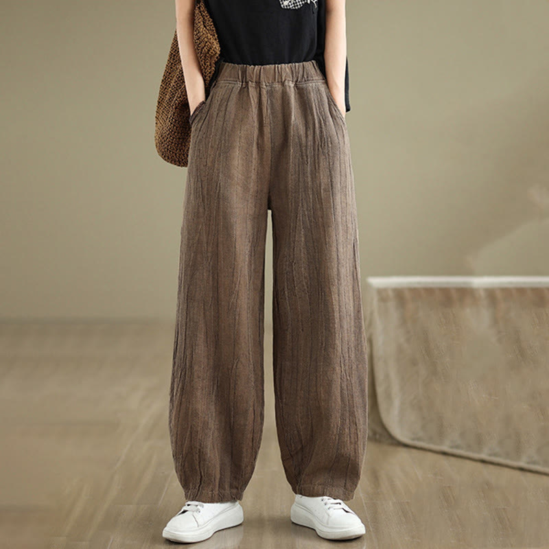 Buddha Stones Plain Color Wrinkled Design Elastic Waistband Cotton Linen Women's Pants With Pockets