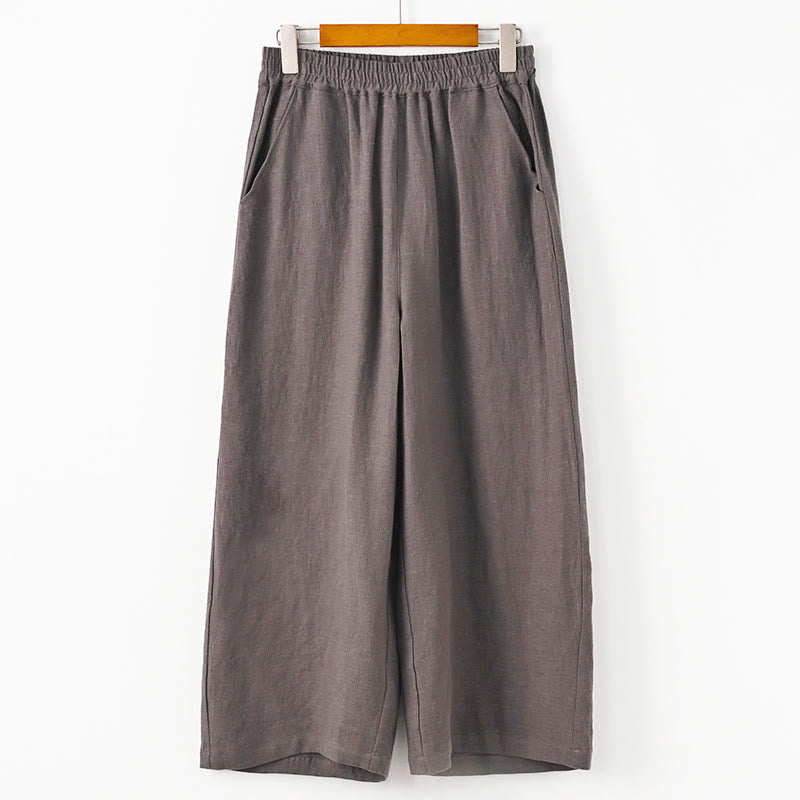 Buddha Stones Casual Plain Solid Color Elastic Linen Women's Pants With Pockets