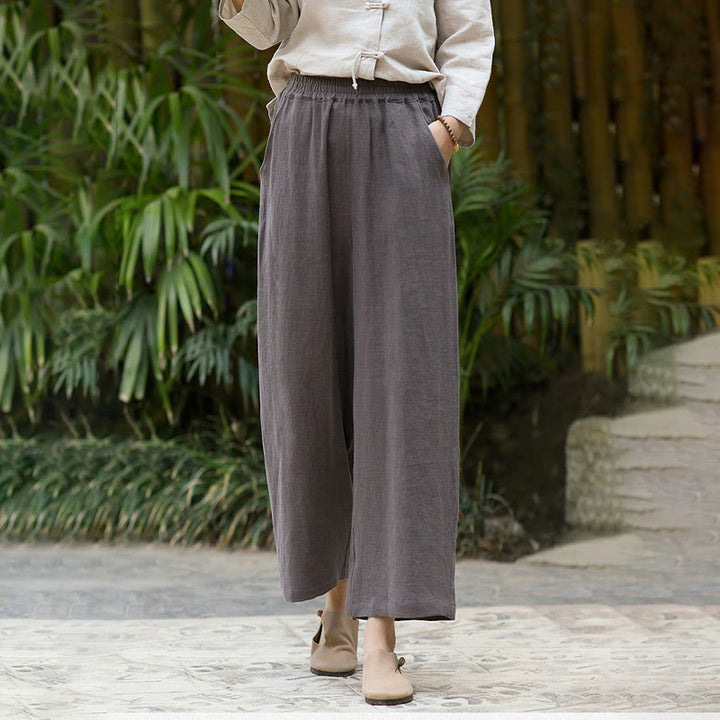 Buddha Stones Casual Plain Solid Color Elastic Linen Women's Pants With Pockets