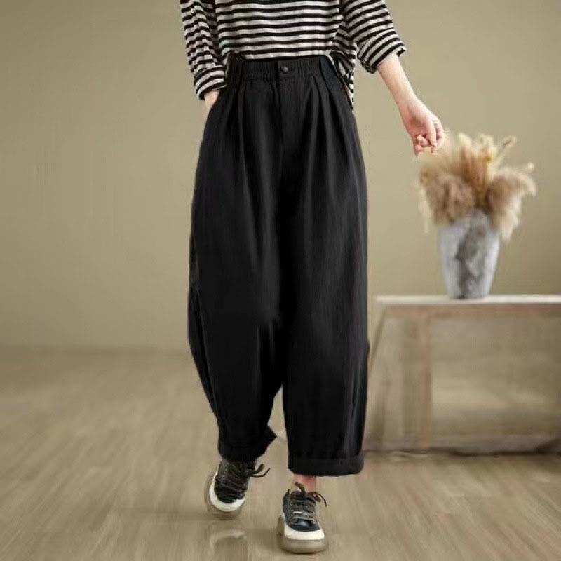Buddha Stones Casual Solid Color One Top Button Elastic Waistband Women's Pants With Pockets - image 12