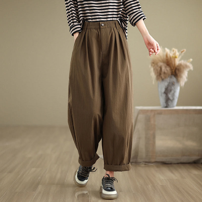 Buddha Stones Casual Solid Color One Top Button Elastic Waistband Women's Pants With Pockets - image 2