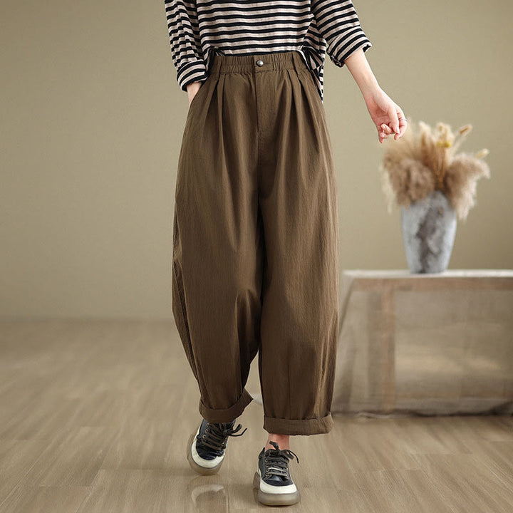 Buddha Stones Casual Solid Color One Top Button Elastic Waistband Women's Pants With Pockets - image 2