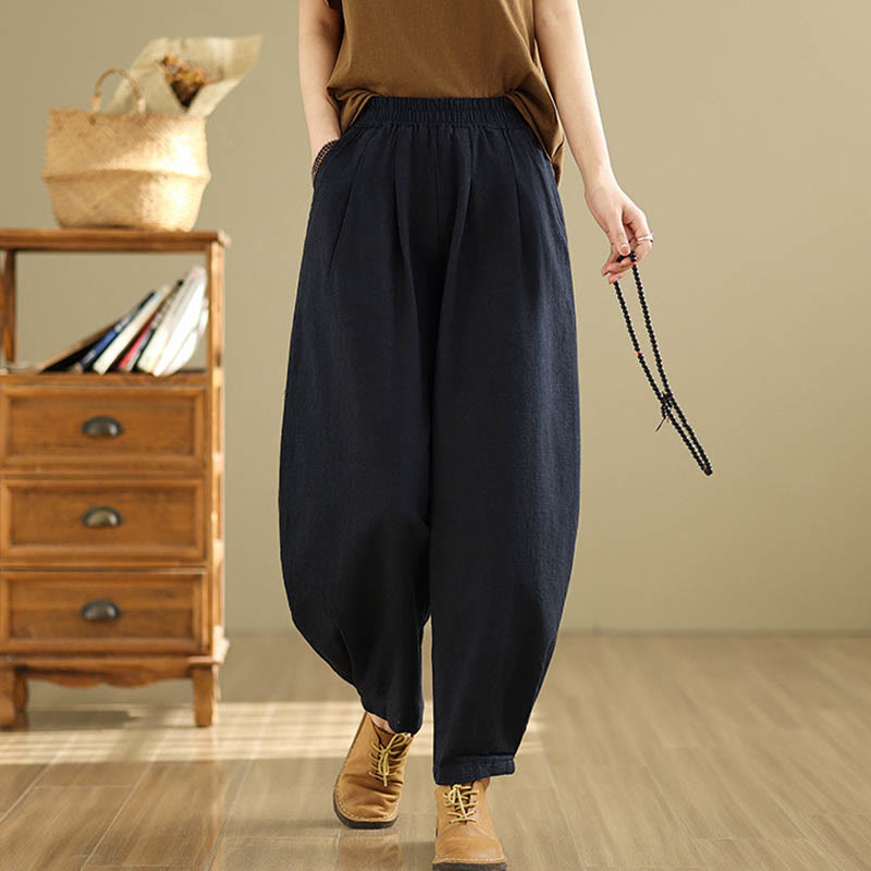 Buddha Stones Casual Solid Color Tapered Elastic Waistband Cotton Linen Women's Pants With Pockets - image 21