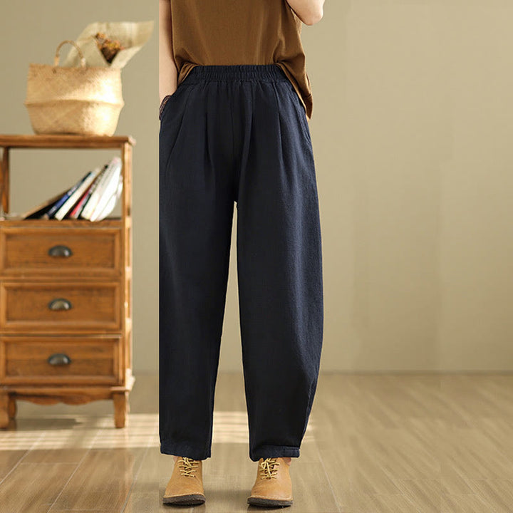 Buddha Stones Casual Solid Color Tapered Elastic Waistband Cotton Linen Women's Pants With Pockets - image 22