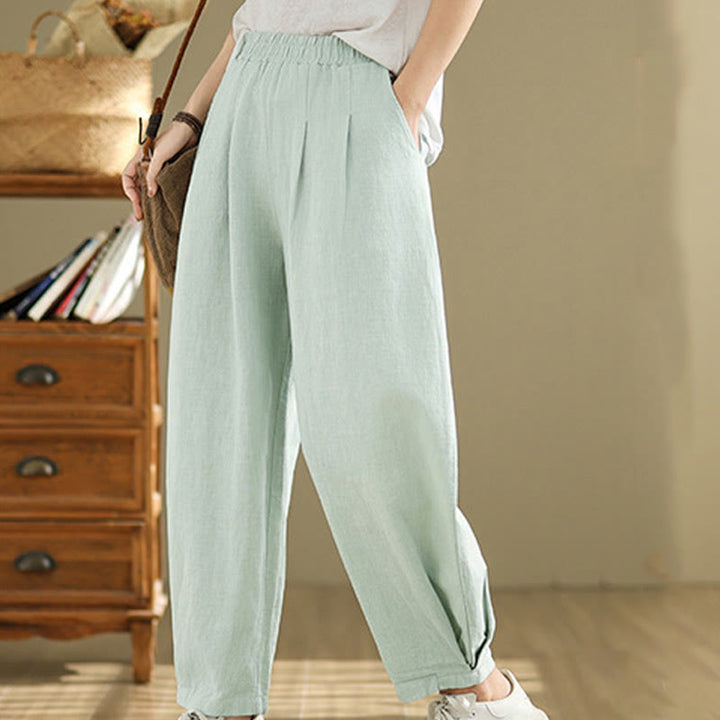 Buddha Stones Casual Solid Color Tapered Elastic Waistband Cotton Linen Women's Pants With Pockets - image 32