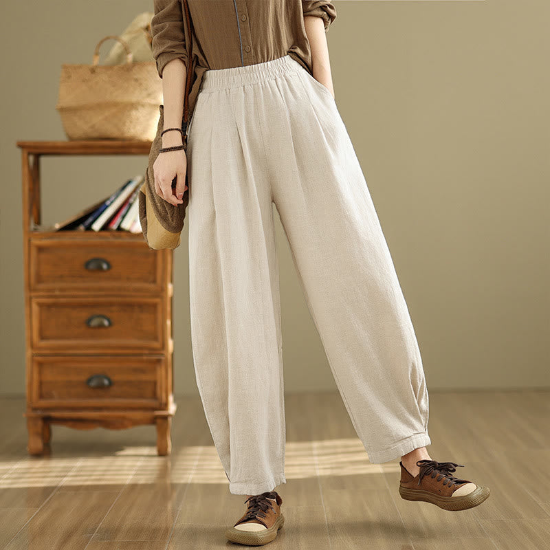 Buddha Stones Casual Solid Color Tapered Elastic Waistband Cotton Linen Women's Pants With Pockets