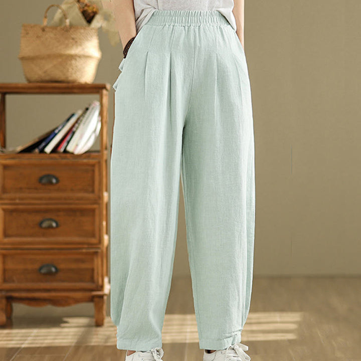 Buddha Stones Casual Solid Color Tapered Elastic Waistband Cotton Linen Women's Pants With Pockets