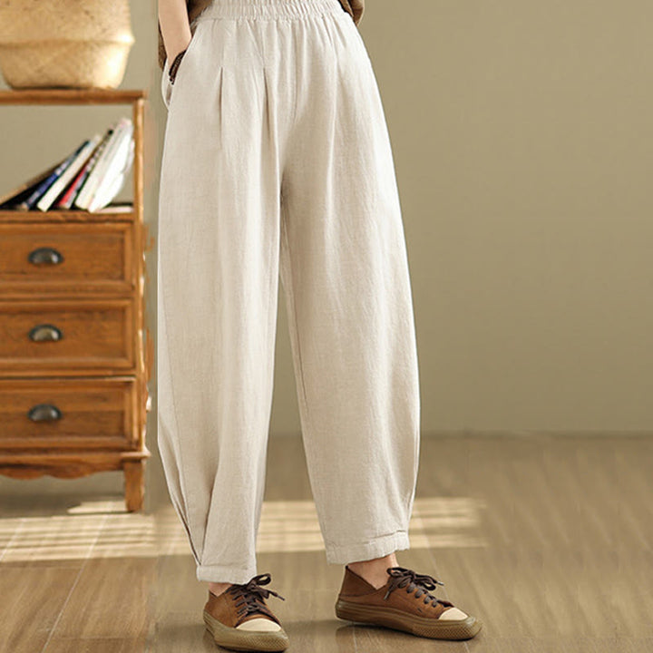 Buddha Stones Casual Solid Color Tapered Elastic Waistband Cotton Linen Women's Pants With Pockets