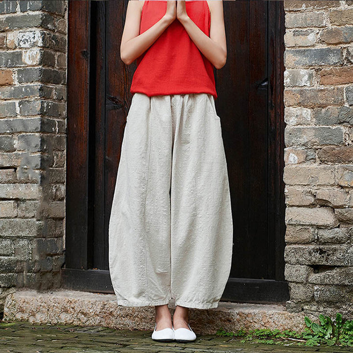 Buddha Stones Casual Plain Color Elastic Waistband Fleece Lined Cotton Ramie Women's Pants With Pockets