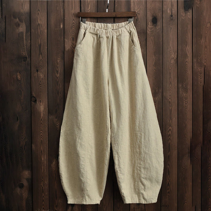 Buddha Stones Casual Plain Color Elastic Waistband Fleece Lined Cotton Ramie Women's Pants With Pockets