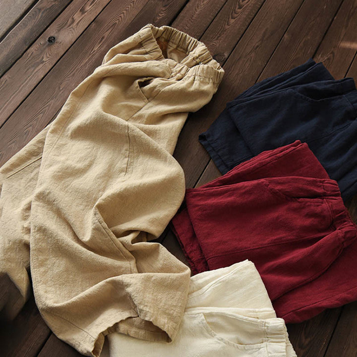 Buddha Stones Casual Plain Color Elastic Waistband Fleece Lined Cotton Ramie Women's Pants With Pockets - image 50