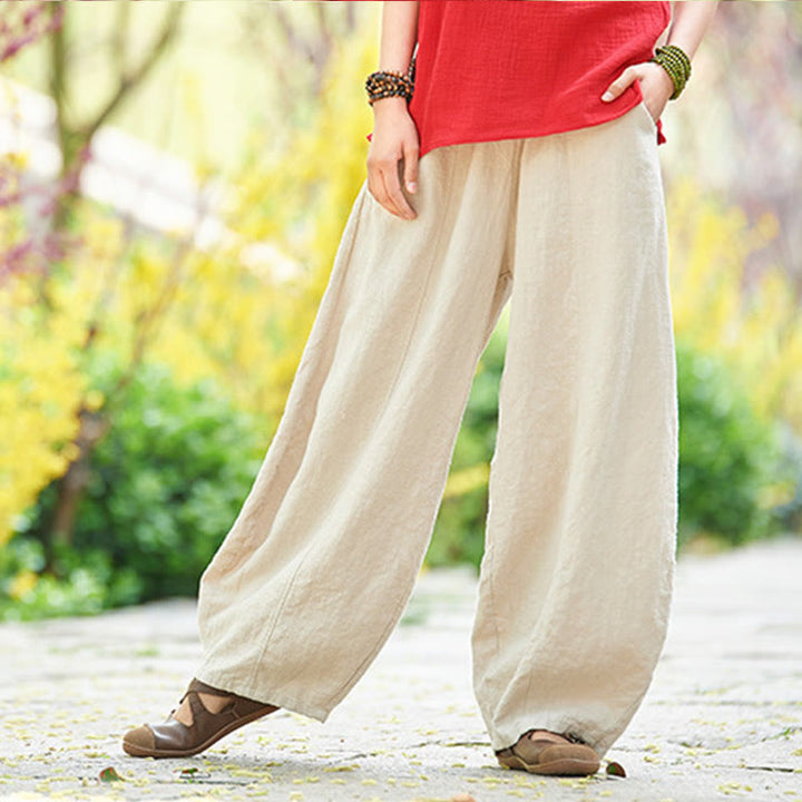 Buddha Stones Casual Plain Color Elastic Waistband Fleece Lined Cotton Ramie Women's Pants With Pockets