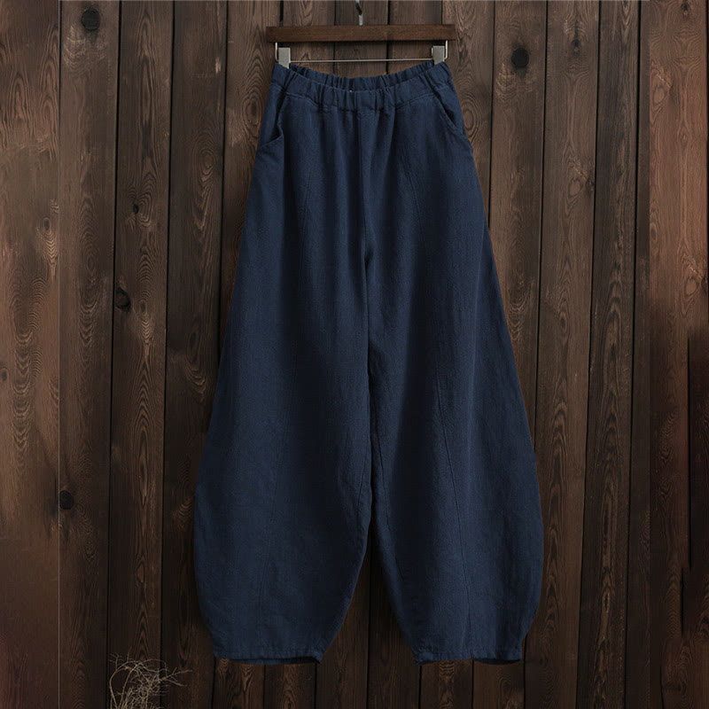 Buddha Stones Casual Plain Color Elastic Waistband Fleece Lined Cotton Ramie Women's Pants With Pockets - image 34