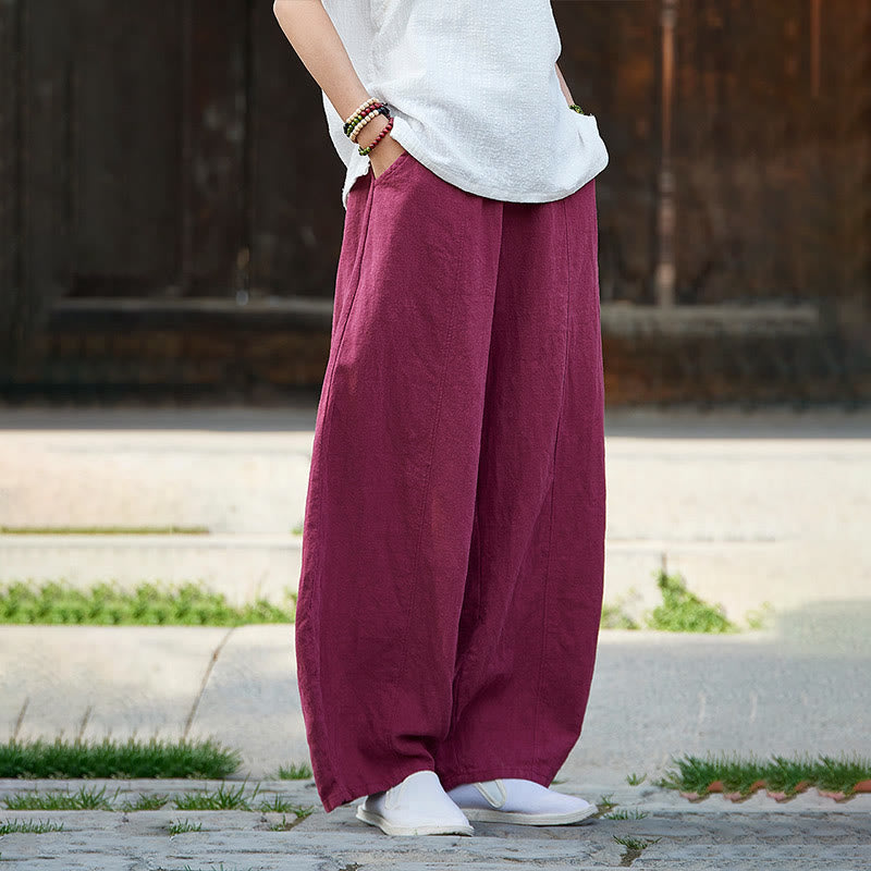 Buddha Stones Casual Plain Color Elastic Waistband Fleece Lined Cotton Ramie Women's Pants With Pockets - image 14