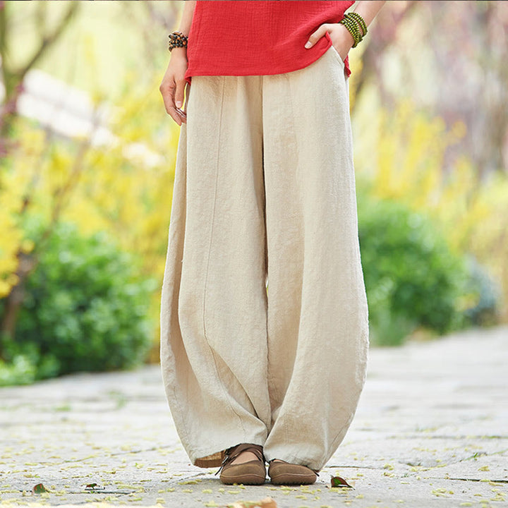 Buddha Stones Casual Plain Color Elastic Waistband Fleece Lined Cotton Ramie Women's Pants With Pockets