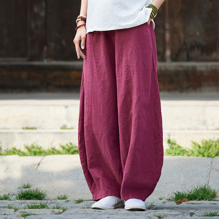 Buddha Stones Casual Plain Color Elastic Waistband Fleece Lined Cotton Ramie Women's Pants With Pockets - DeepPink - US4，UK/AU8，EU36 (L) - image 11