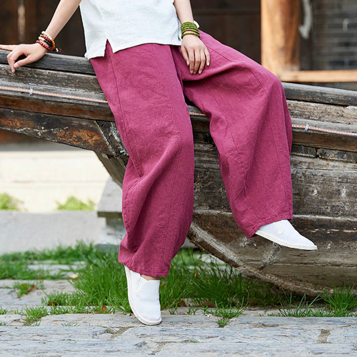 Buddha Stones Casual Plain Color Elastic Waistband Fleece Lined Cotton Ramie Women's Pants With Pockets - image 16