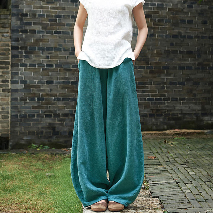 Buddha Stones Casual Plain Color Elastic Waistband Fleece Lined Cotton Ramie Women's Pants With Pockets - image 44