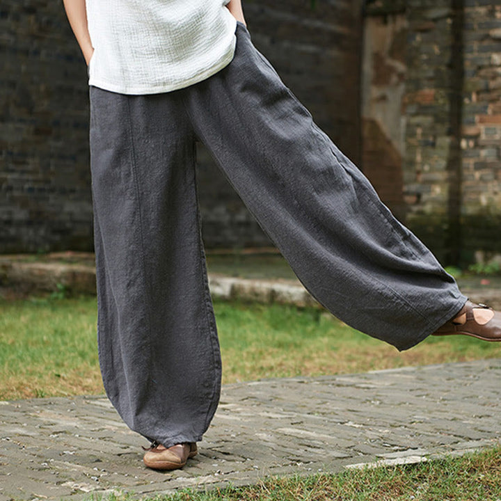 Buddha Stones Casual Plain Color Elastic Waistband Fleece Lined Cotton Ramie Women's Pants With Pockets