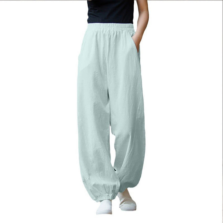 Buddha Stones Casual Solid Plain Color Carrot Elastic Waistband Cotton Ramie Women's Pants With Pockets - image 37
