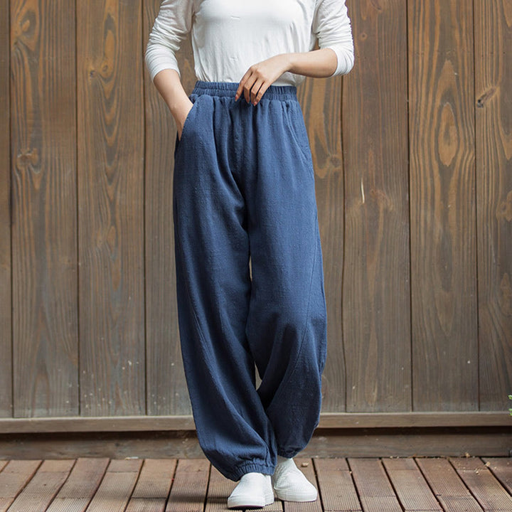 Buddha Stones Casual Solid Plain Color Carrot Elastic Waistband Cotton Ramie Women's Pants With Pockets - image 40
