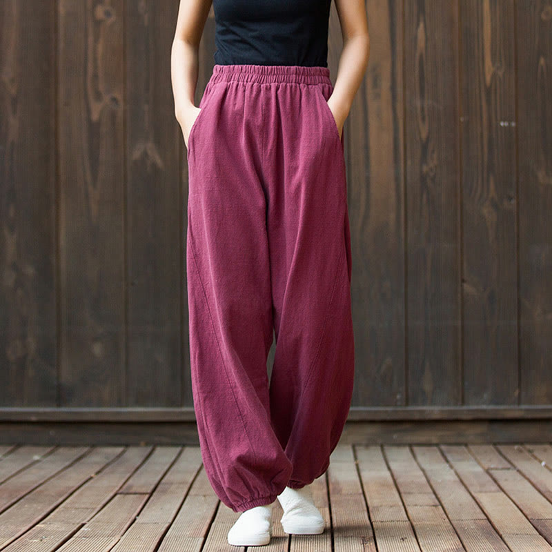 Buddha Stones Casual Solid Plain Color Carrot Elastic Waistband Cotton Ramie Women's Pants With Pockets - image 1