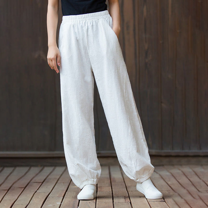 Buddha Stones Casual Solid Plain Color Carrot Elastic Waistband Cotton Ramie Women's Pants With Pockets