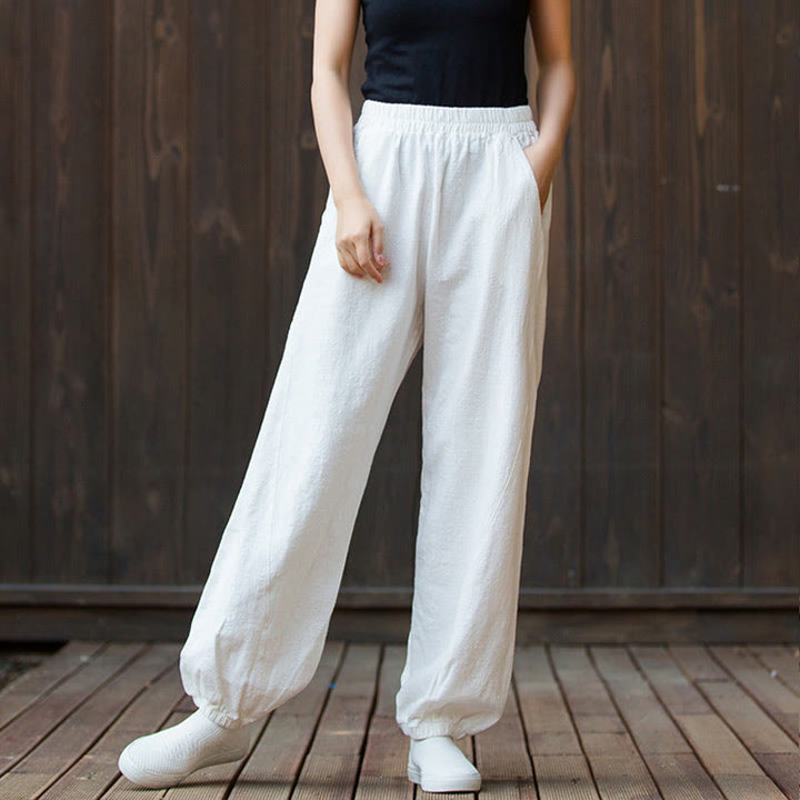 Buddha Stones Casual Solid Plain Color Carrot Elastic Waistband Cotton Ramie Women's Pants With Pockets - image 10