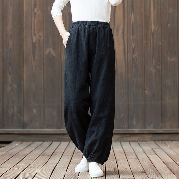 Buddha Stones Casual Solid Plain Color Carrot Elastic Waistband Cotton Ramie Women's Pants With Pockets - image 14