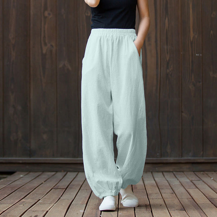 Buddha Stones Casual Solid Plain Color Carrot Elastic Waistband Cotton Ramie Women's Pants With Pockets - Aquamarine - US4，UK/AU8，EU36 (L) - image 34