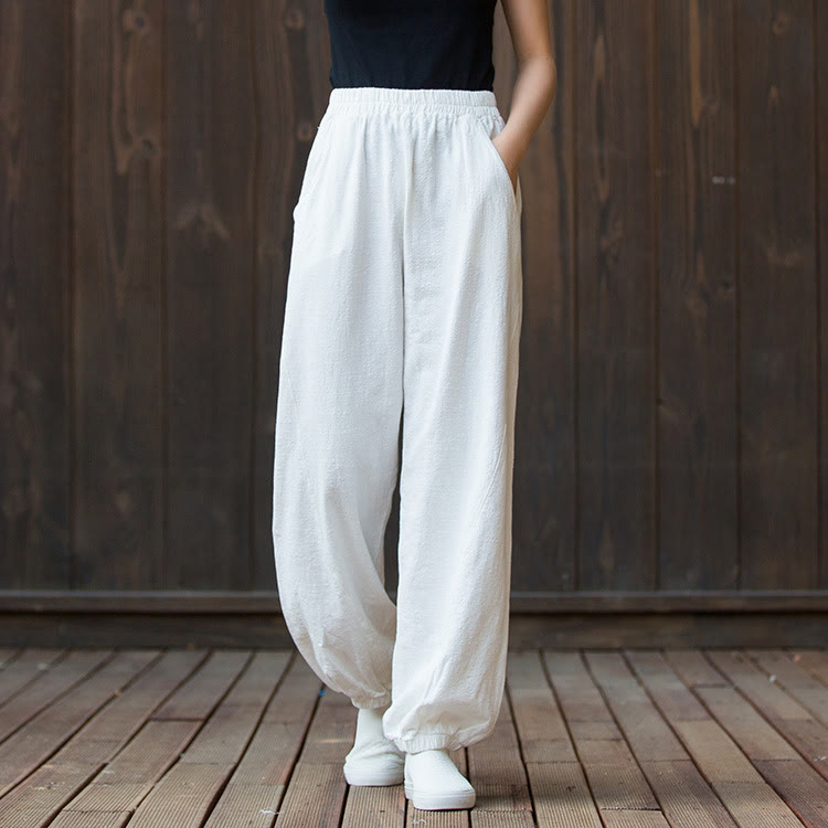 Buddha Stones Casual Solid Plain Color Carrot Elastic Waistband Cotton Ramie Women's Pants With Pockets - White - US4，UK/AU8，EU36 (L) - image 7
