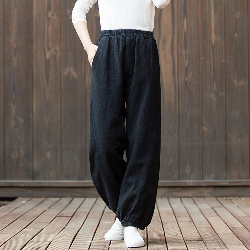 Buddha Stones Casual Solid Plain Color Carrot Elastic Waistband Cotton Ramie Women's Pants With Pockets