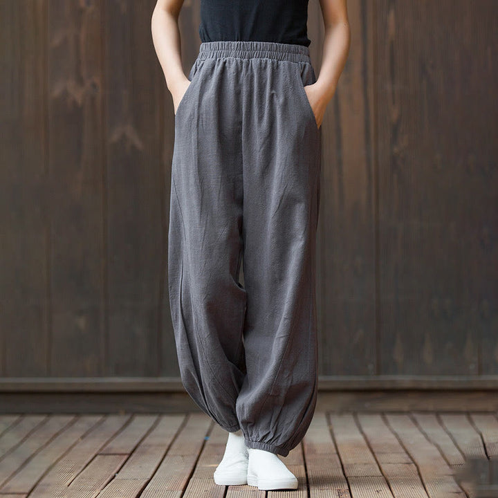 Buddha Stones Casual Solid Plain Color Carrot Elastic Waistband Cotton Ramie Women's Pants With Pockets - image 31