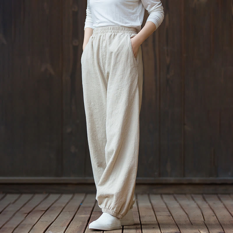 Buddha Stones Casual Solid Plain Color Carrot Elastic Waistband Cotton Ramie Women's Pants With Pockets