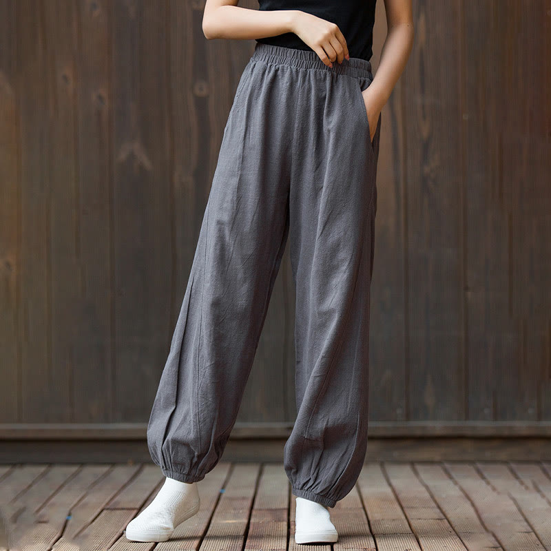 Buddha Stones Casual Solid Plain Color Carrot Elastic Waistband Cotton Ramie Women's Pants With Pockets