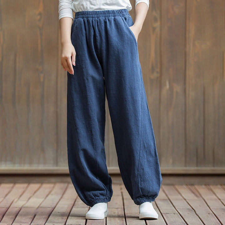 Buddha Stones Casual Solid Plain Color Carrot Elastic Waistband Cotton Ramie Women's Pants With Pockets - image 39