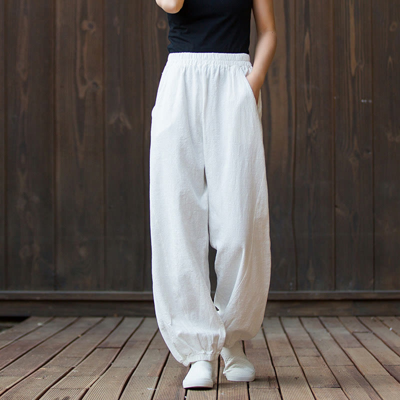 Buddha Stones Casual Solid Plain Color Carrot Elastic Waistband Cotton Ramie Women's Pants With Pockets - image 9