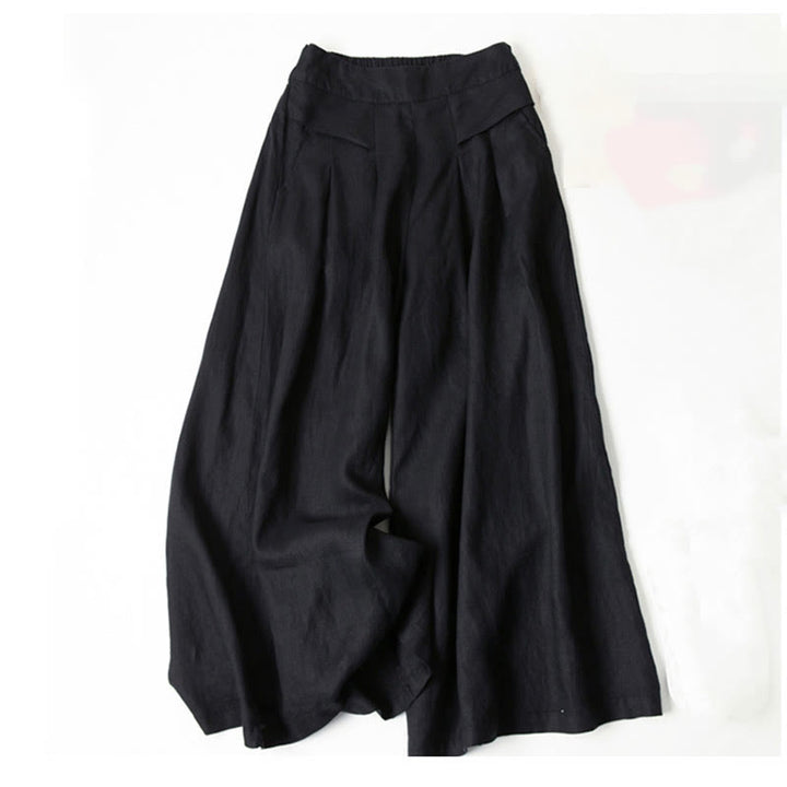 Buddha Stones Plain Color Cotton Linen High Waist Wide Leg Pants With Pockets