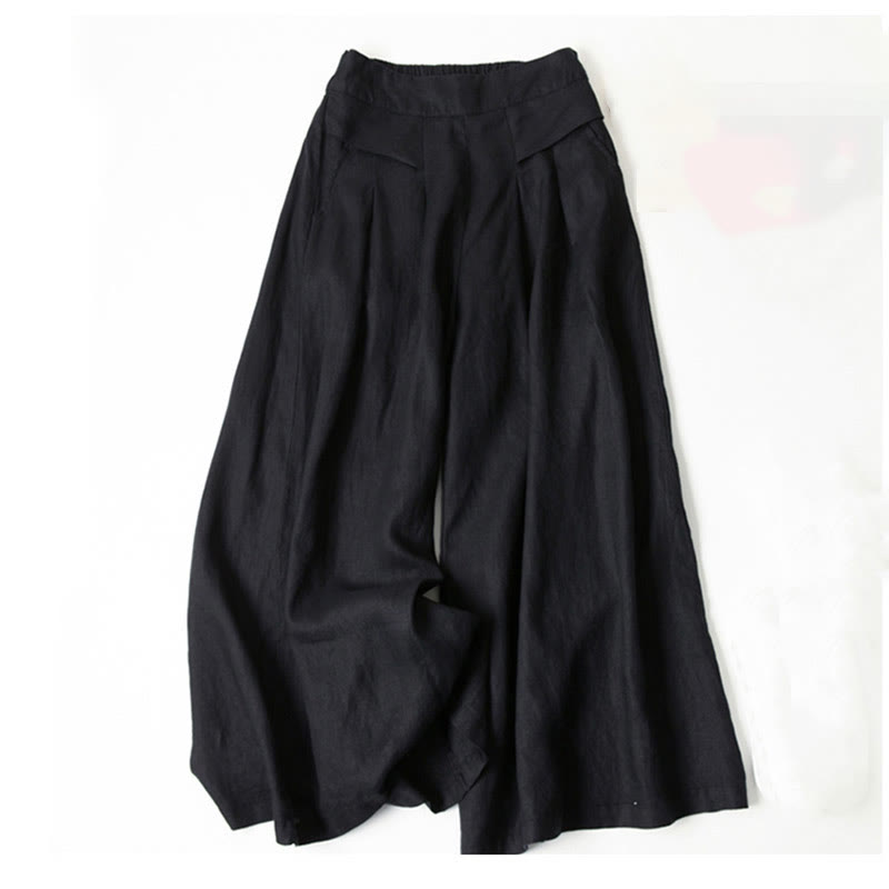 Buddha Stones Plain Color Cotton Linen High Waist Wide Leg Pants With Pockets