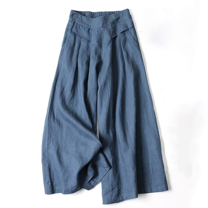 Buddha Stones Plain Color Cotton Linen High Waist Wide Leg Pants With Pockets