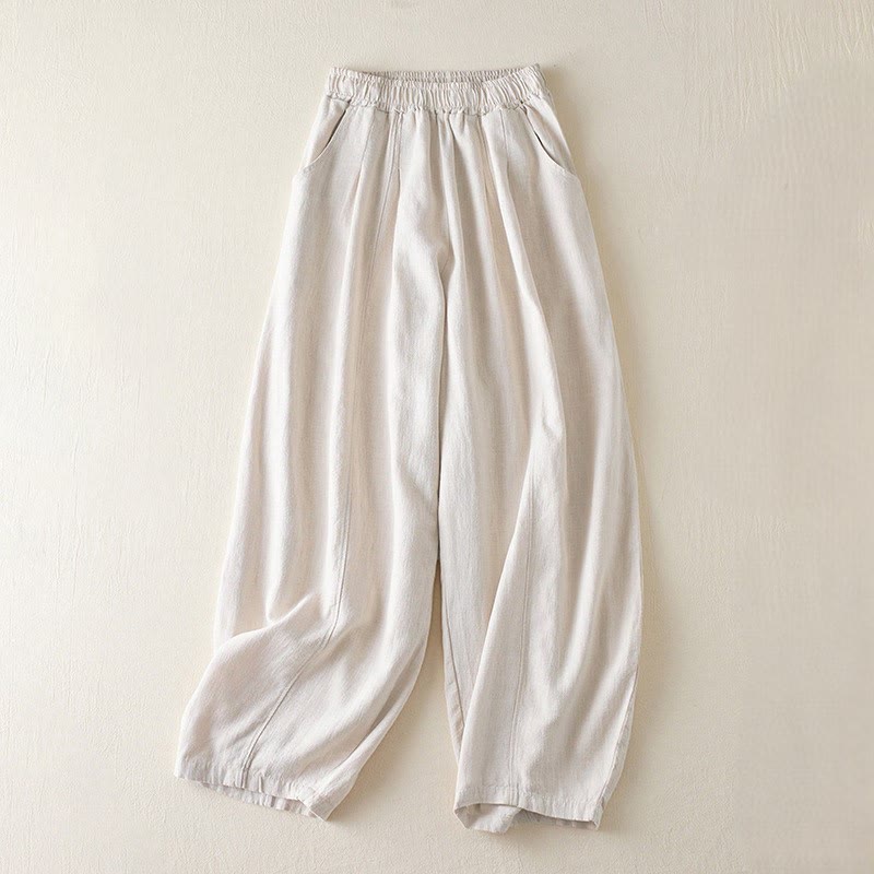 Buddha Stones Plain Color Cotton Linen Women's Pants With Pockets - Beige - US8-10，UK/AU12-14，EU40-42 (2XL) - image 8