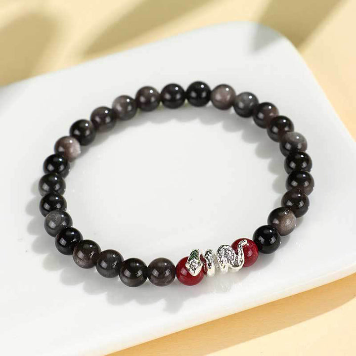 Buddha Stones Silver Sheen Obsidian Cinnabar Copper Year of the Snake Protection Bracelet